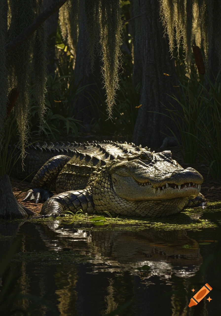 A photorealistic depiction of an alligator resting by the water in a swamp with trees and Spanish moss.