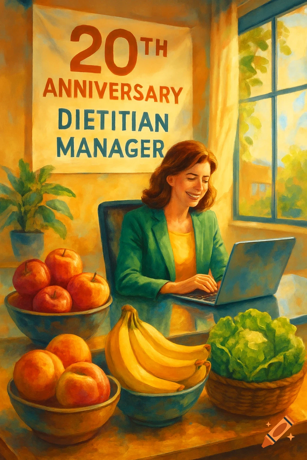 A woman smiles while typing on a laptop at a desk with bowls of fruit and vegetables. A banner reads "20TH ANNIVERSARY DIETITIAN MANAGER."