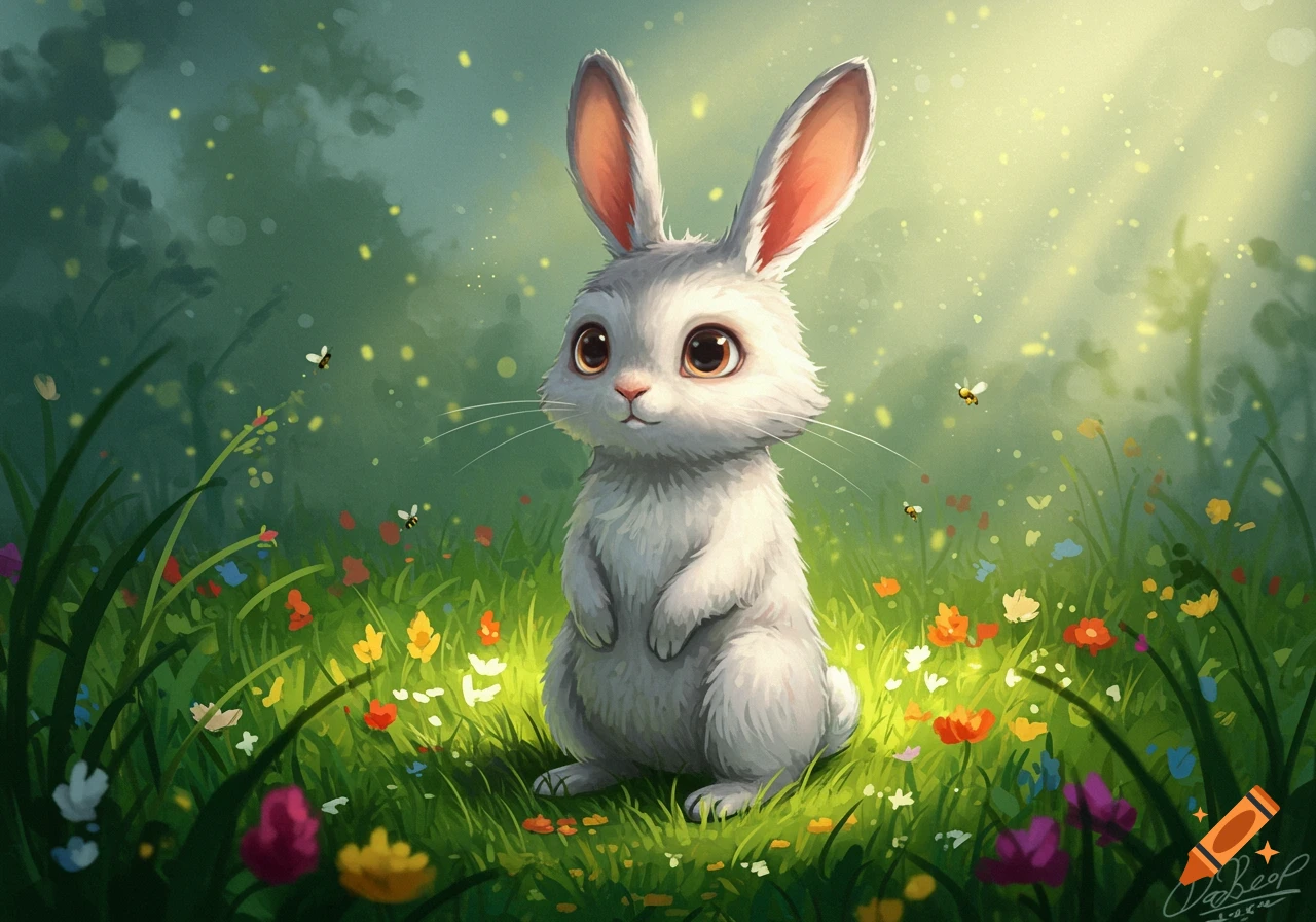 A cute, white cartoon rabbit with large eyes sits in a meadow filled with colorful flowers under a bright, misty sky.