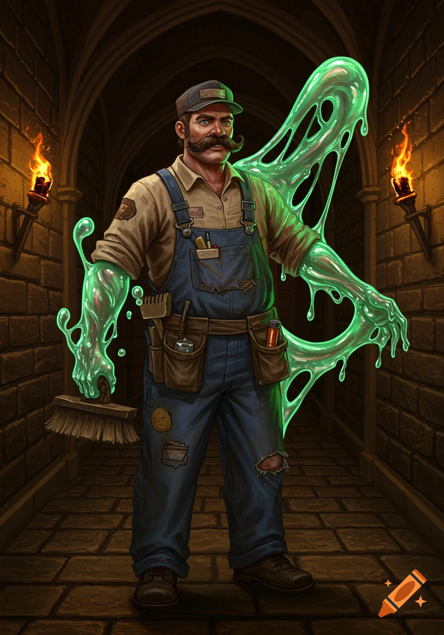 A mustached man in janitor overalls, with green slime on his arms, stands in a dark fantasy dungeon hallway with torches, holding a broom.