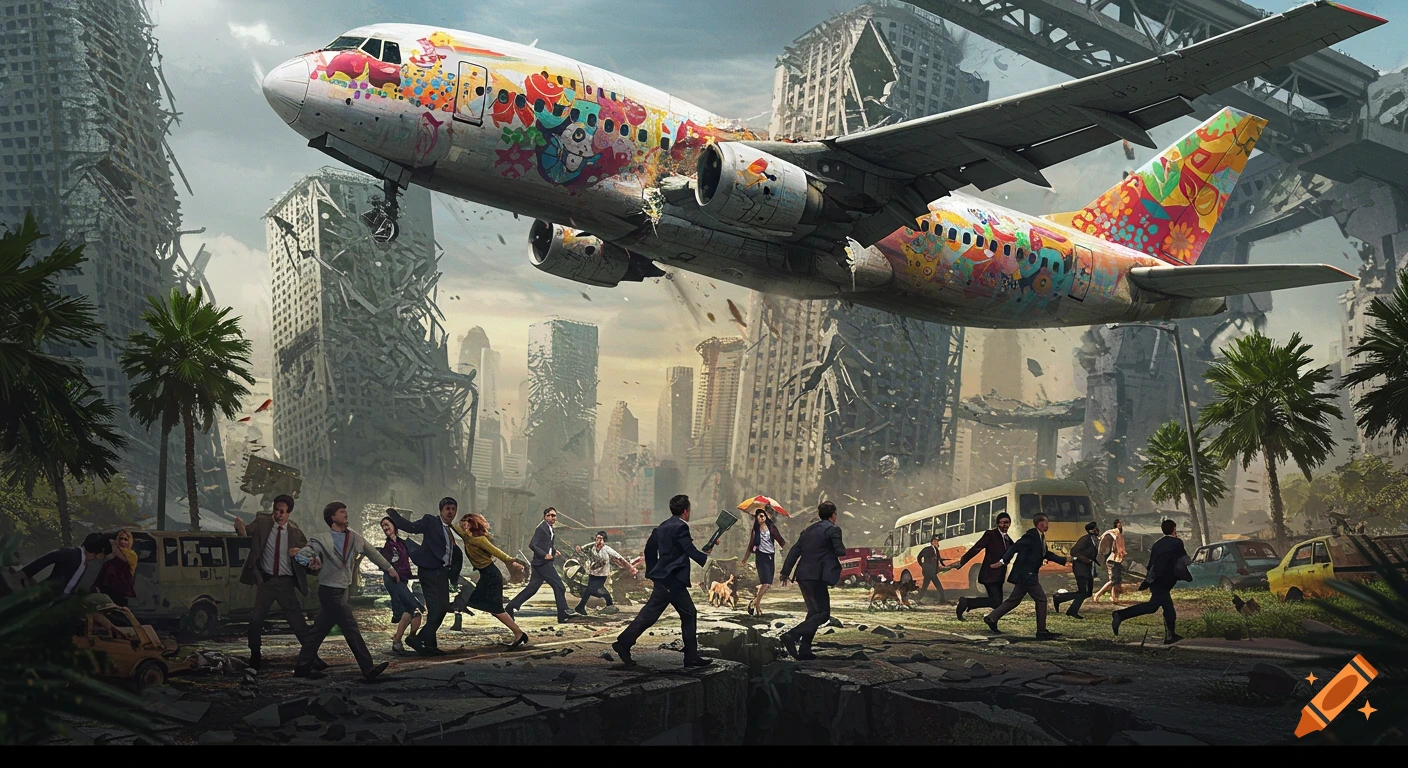 A brightly painted commercial plane, split in half, hovers over a quake-ravaged city with crumbling skyscrapers as people flee below.
