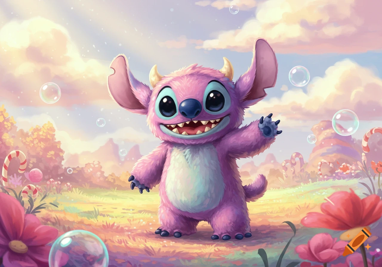 A fluffy, pink, cute monster resembling Stitch with big ears and horns smiles and waves in a whimsical, colorful landscape with bubbles and candy canes.