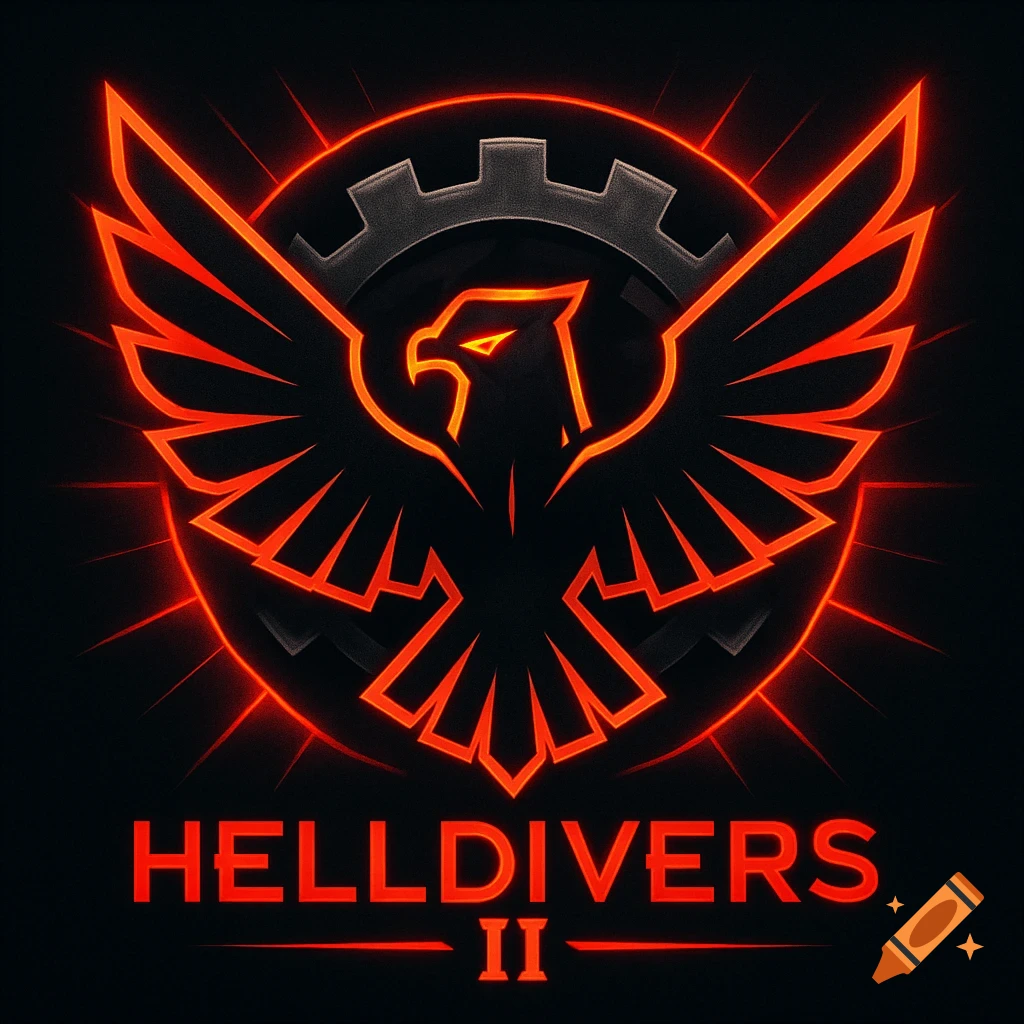 A red glowing eagle logo with a gear symbol behind it, and the text 'HELLDIVERS II' below, on a dark background.