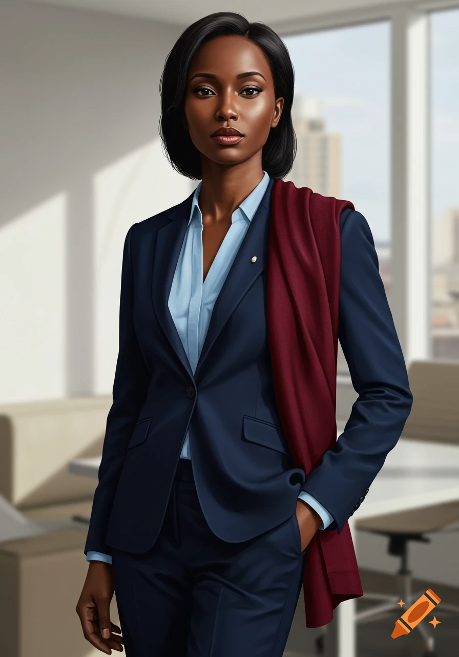 A photorealistic image of an African American professional woman in a navy blue suit, light blue shirt, and burgundy scarf, standing in an office.