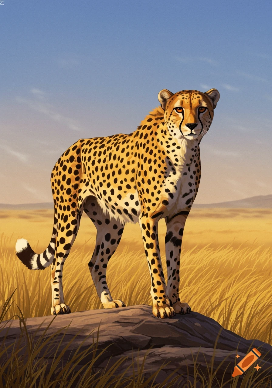 A cheetah stands on a rock in a golden savanna under a blue sky.