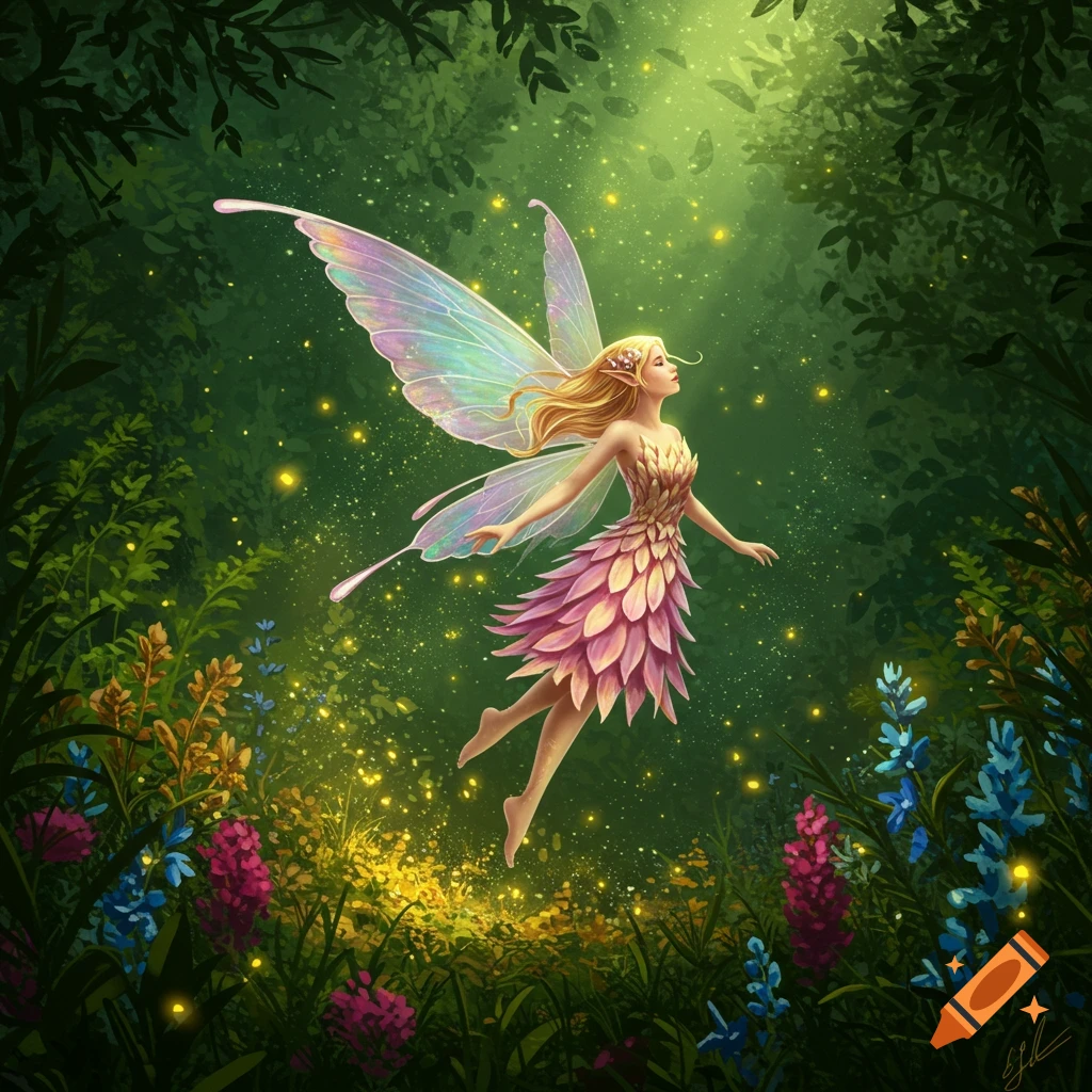 A luminous fairy with iridescent wings and a pink leaf dress flies among glowing fireflies and wildflowers in a vibrant, sunlit forest.
