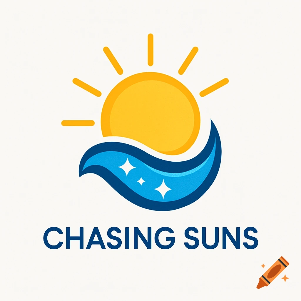 A vibrant logo featuring a yellow sun above a blue wave with sparkles, and the text 'CHASING SUNS' below.