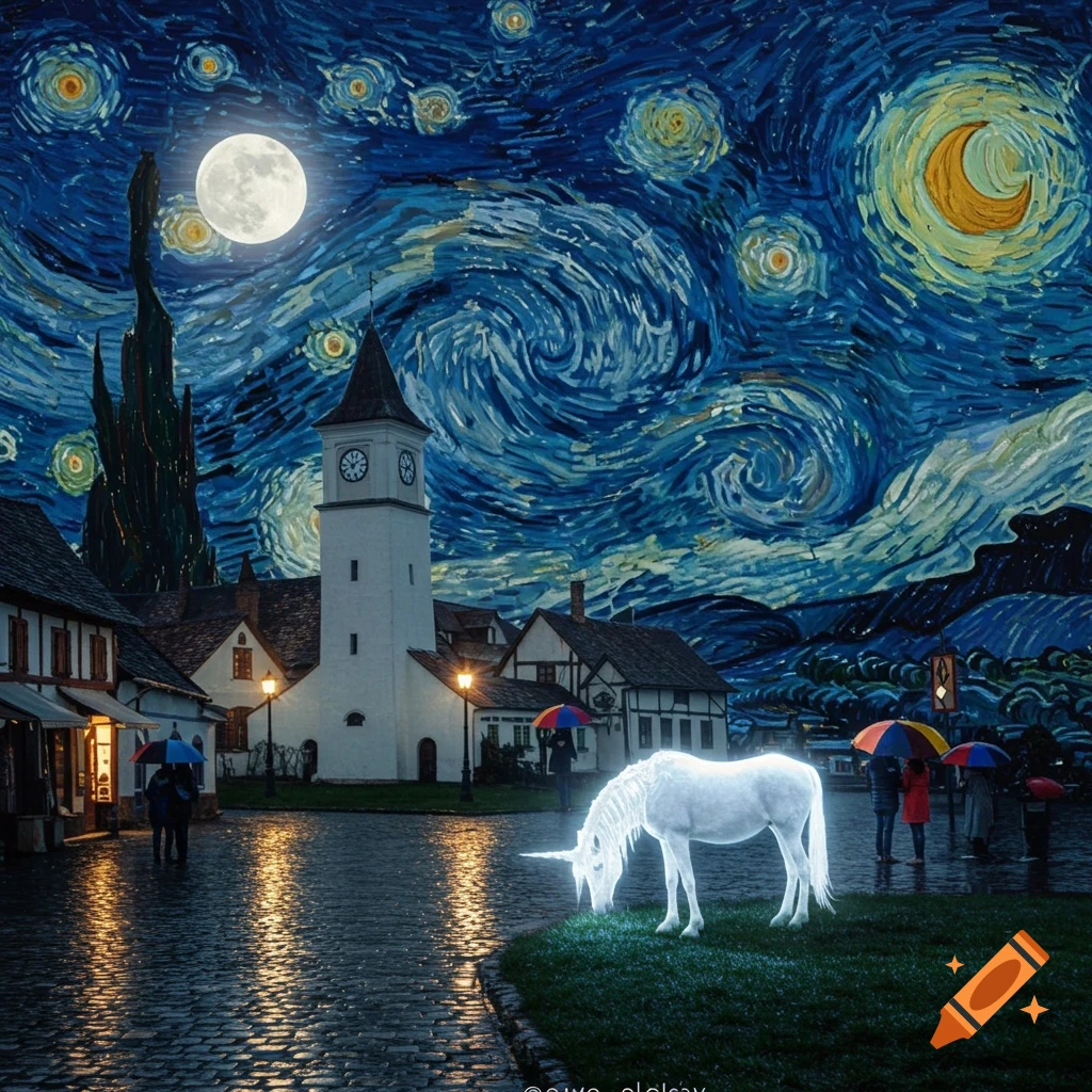A white unicorn glows in a rainy village street at night under a swirling, Starry Night-style sky with a full moon.
