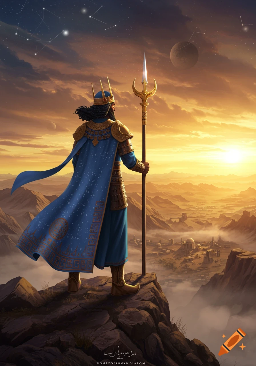 A king in a blue cloak and golden armor stands on a mountain, holding a trident, overlooking an ancient city at sunset under a starry sky.
