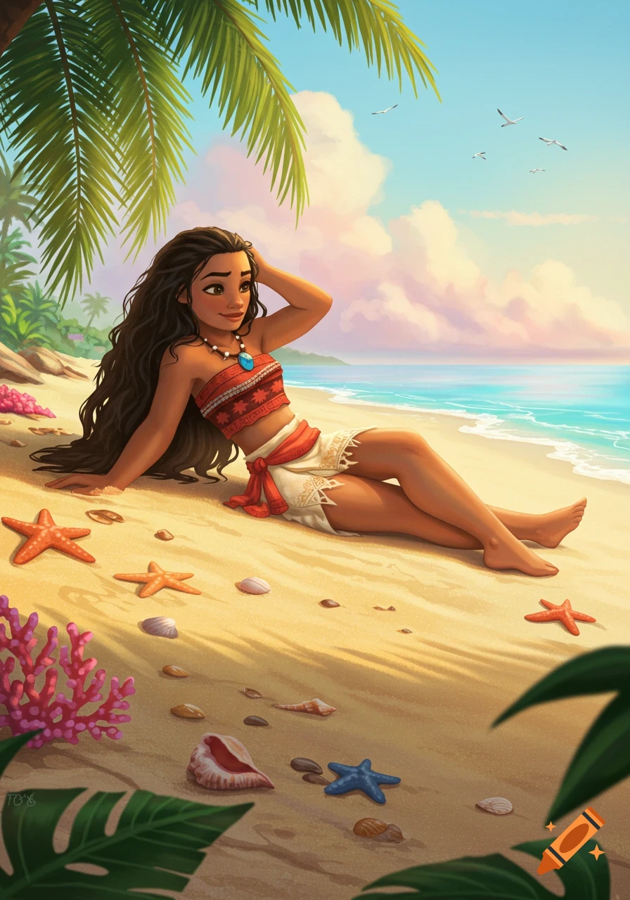 Cartoon illustration of Moana laying on a sandy beach under a palm tree, with the ocean and sky in the background.