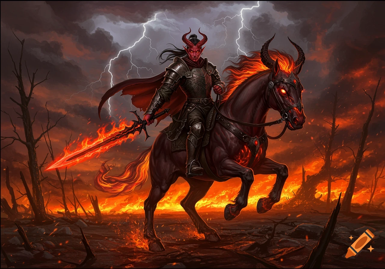 A Tiefling rider on a devil horse with a flaming sword in a fiery, stormy landscape with lightning.