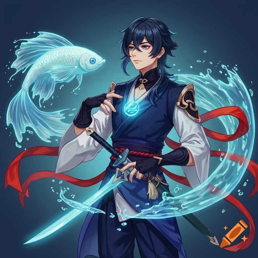 An anime character with dark blue hair and blue eyes, wearing navy and white robes, holding a glowing blue sword. A glowing spectral fish floats next to him with water effects.