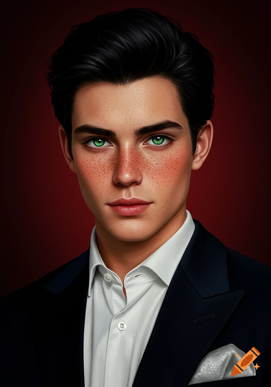 A close-up portrait of a young man with dark hair, green eyes, and freckles, wearing a suit and white shirt.