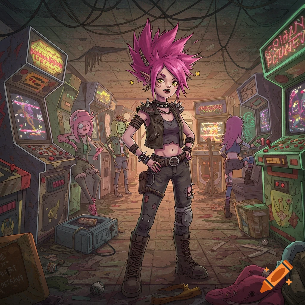 A punk raider girl with pink spiky hair stands in a derelict post-apocalyptic arcade with friends, in Adventure Time cartoon style.