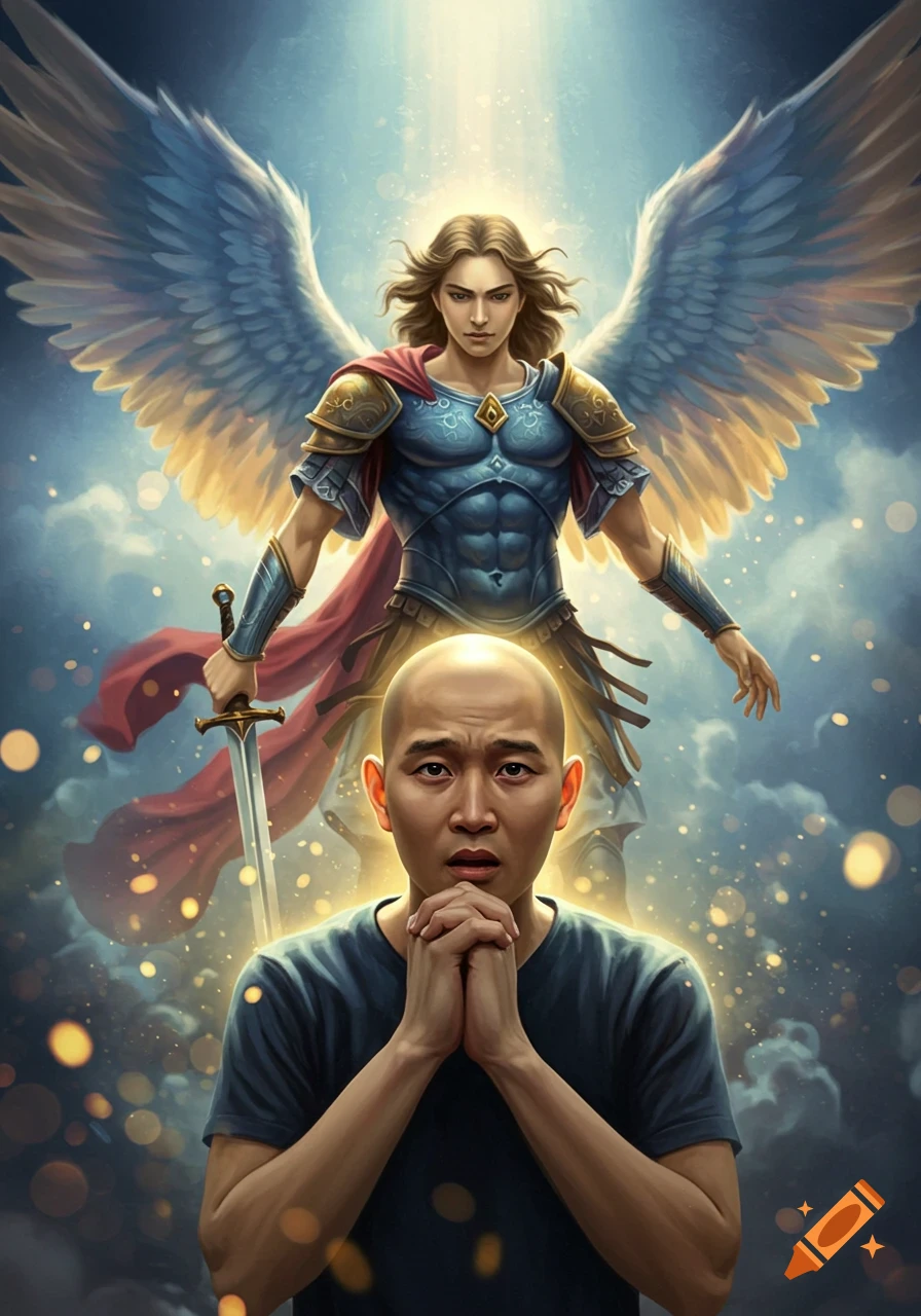A bald Asian man prays with clasped hands, while St. Michael the Archangel with wings and armor stands behind him in a luminous, dreamy setting.