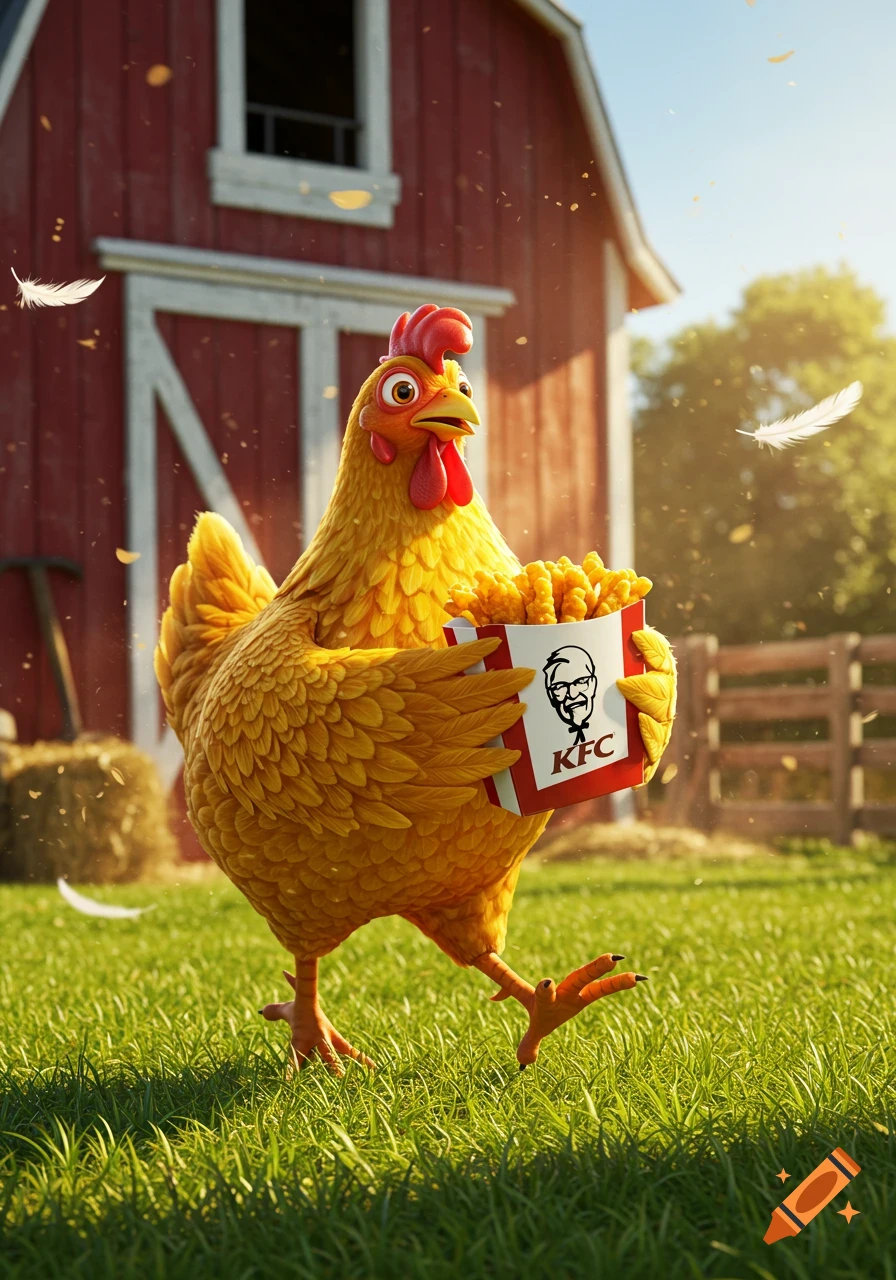 A cheerful yellow cartoon chicken walks in a grassy field in front of a red barn, holding a KFC box filled with fried chicken.