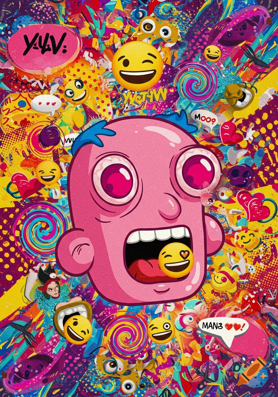 A vibrant, chaotic pop art image featuring a pink cartoon head, surrounded by smiling emojis, lollipops, and abstract shapes.