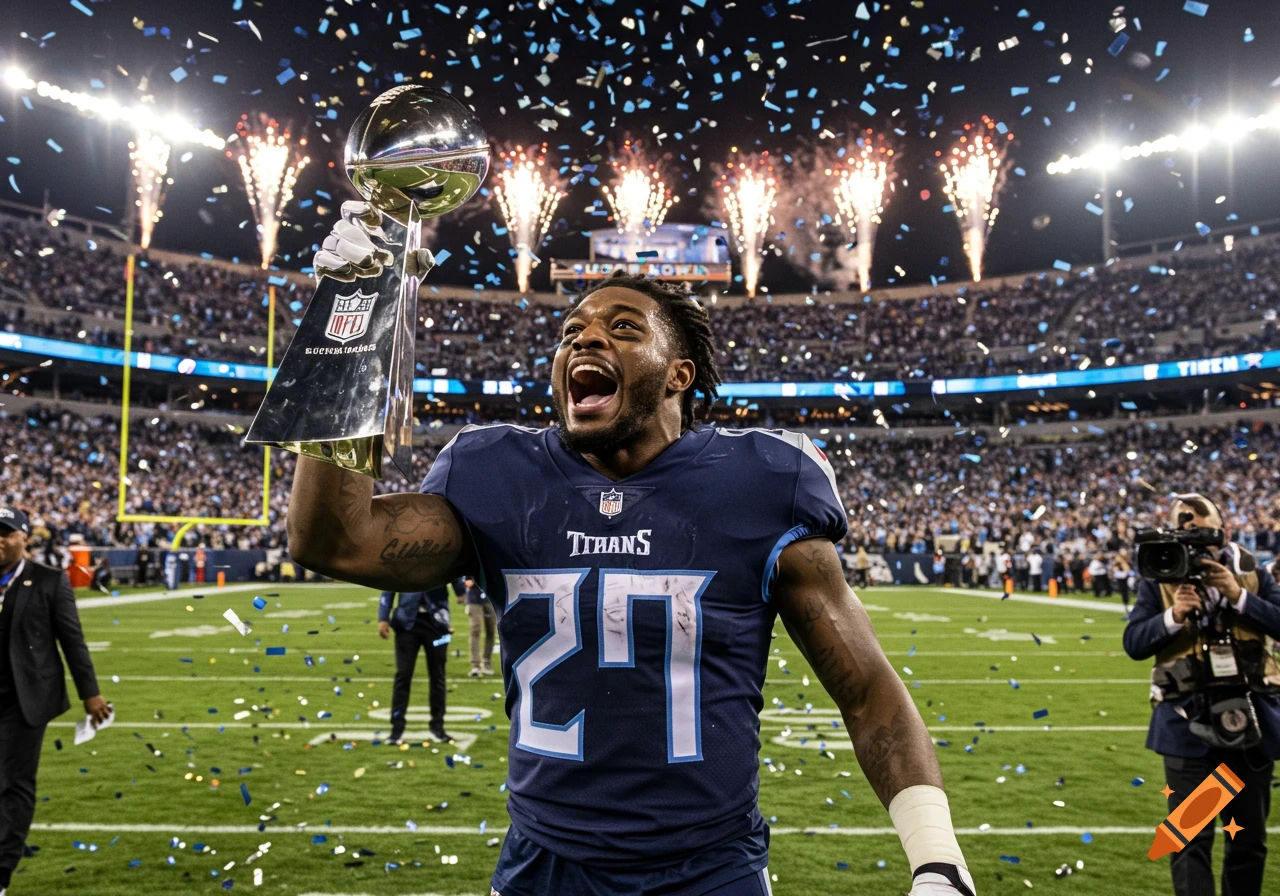 A jubilant football player in a Titans jersey holds up a Super Bowl trophy amidst confetti and fireworks in a packed stadium.