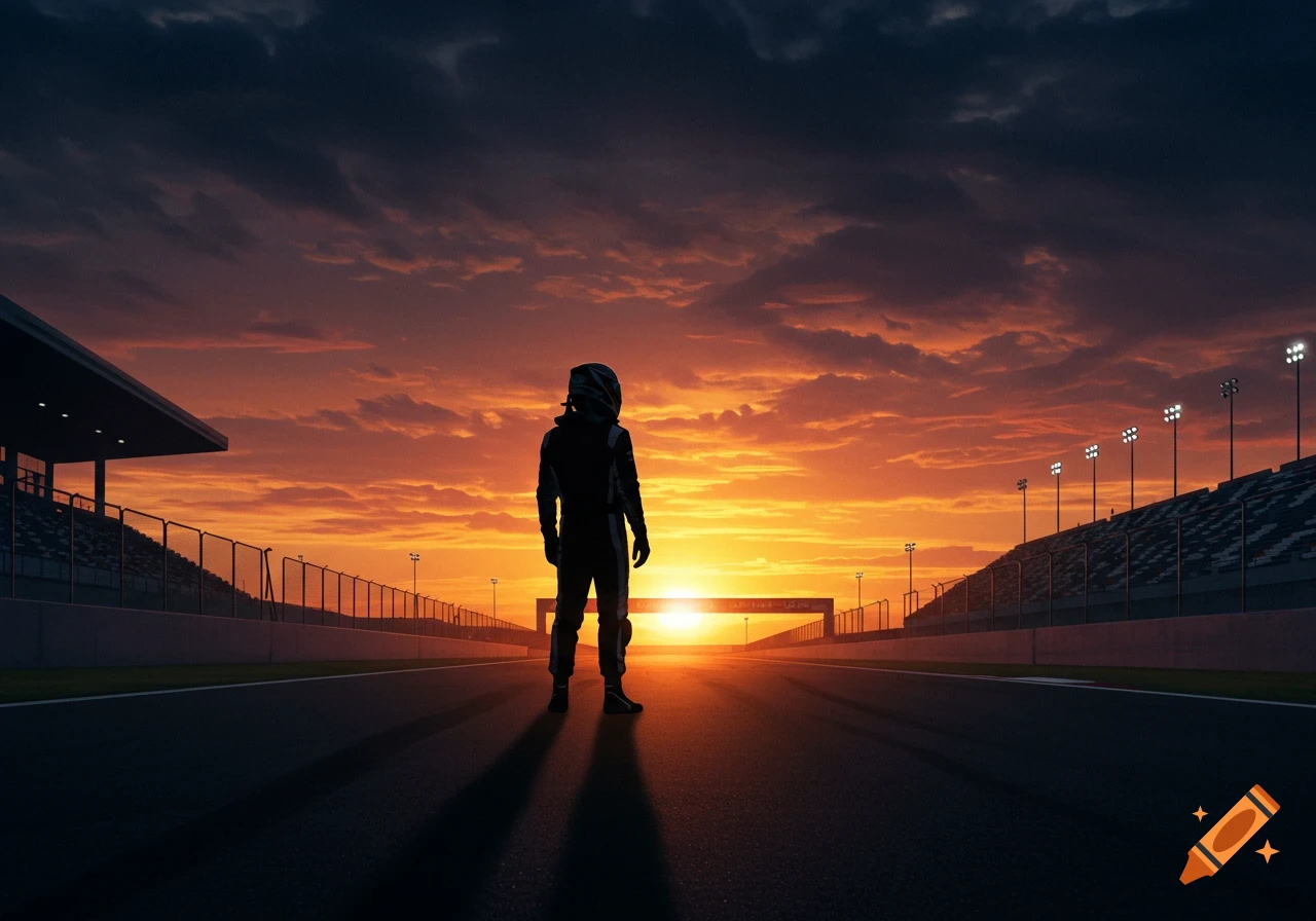 A race car driver stands silhouetted on a track at sunset, with an orange sky and track lights visible.