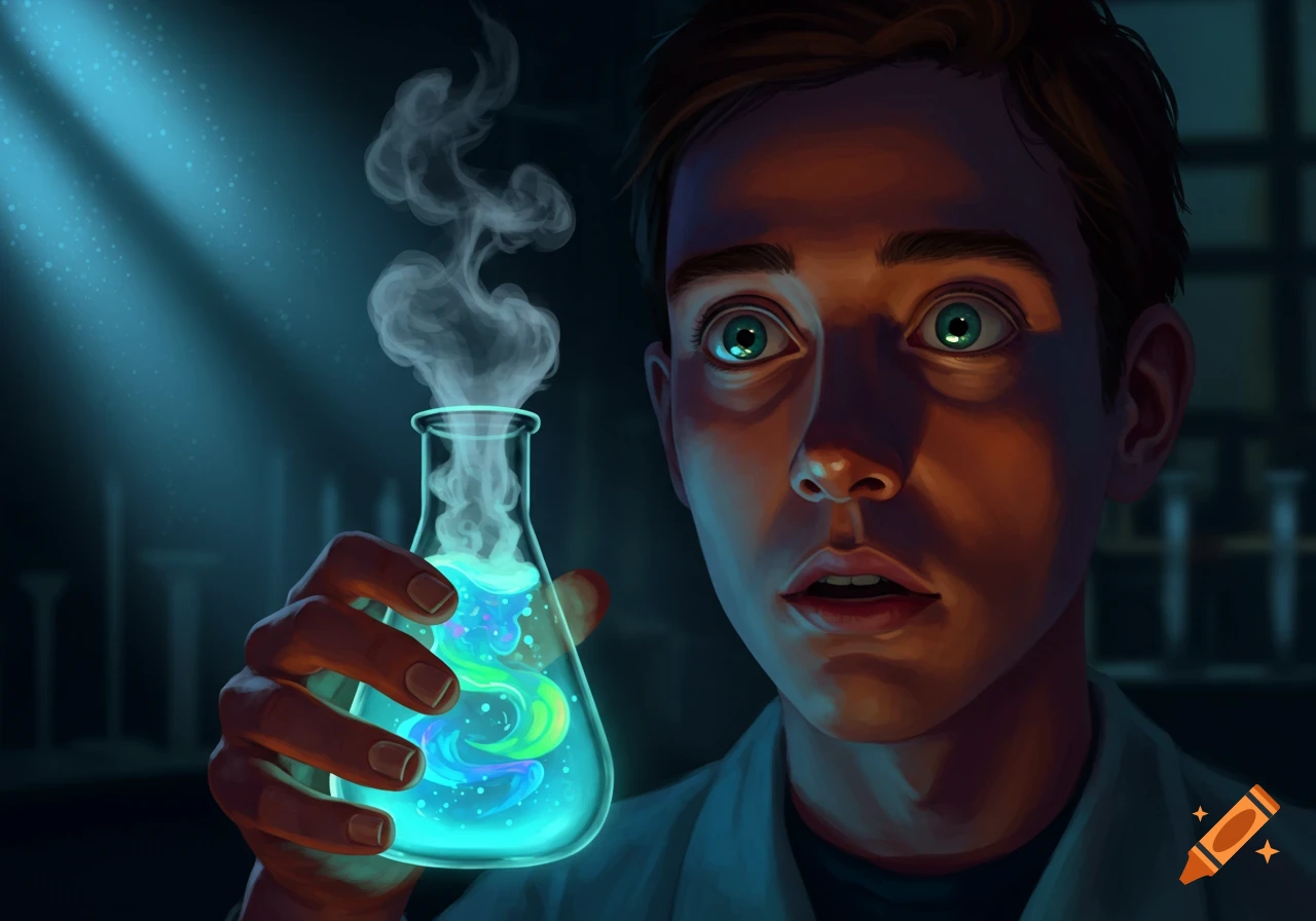 A wide-eyed young man gazes at a glowing, smoking beaker filled with colorful liquid in a dark lab setting, digital illustration.