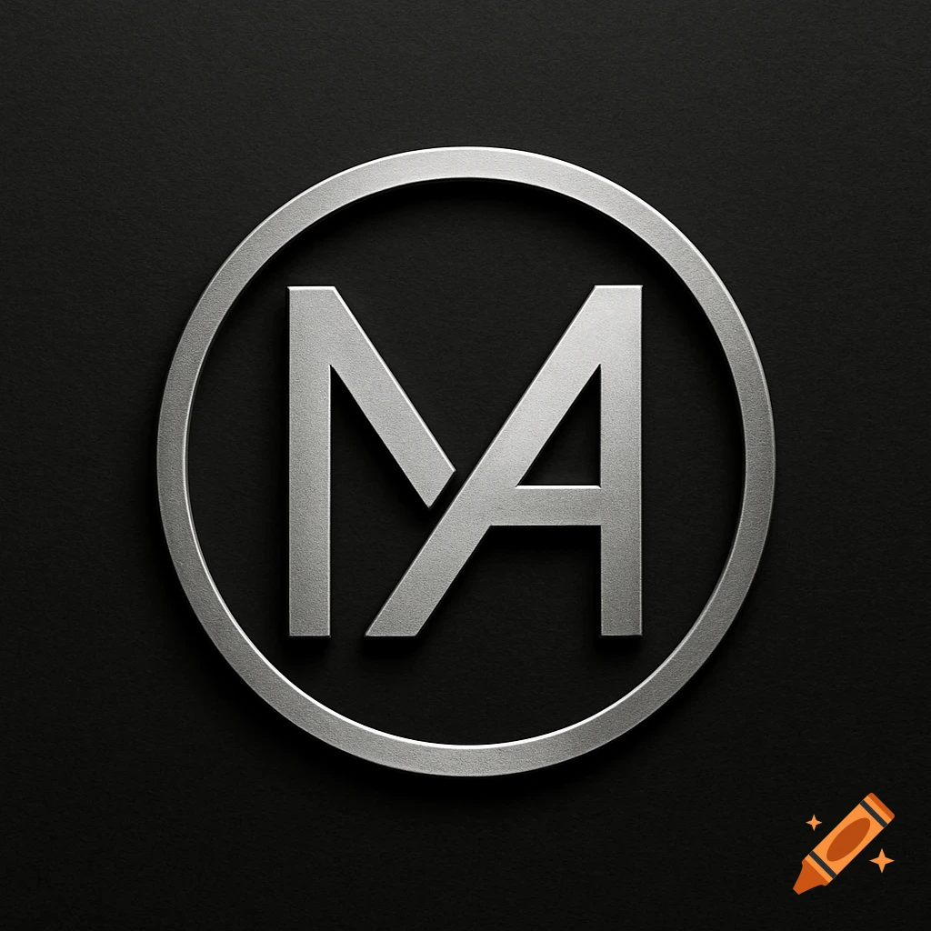 Silver metallic logo featuring intertwined letters M and A inside a circular outline on a dark background.