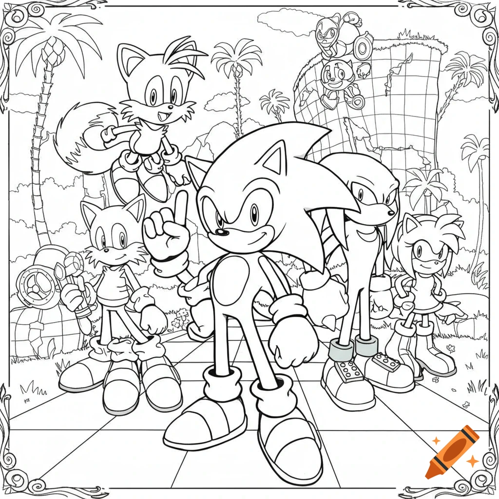 A black and white coloring page featuring Sonic, Tails, Knuckles, and Amy Rose in a landscape with palm trees and a large structure.