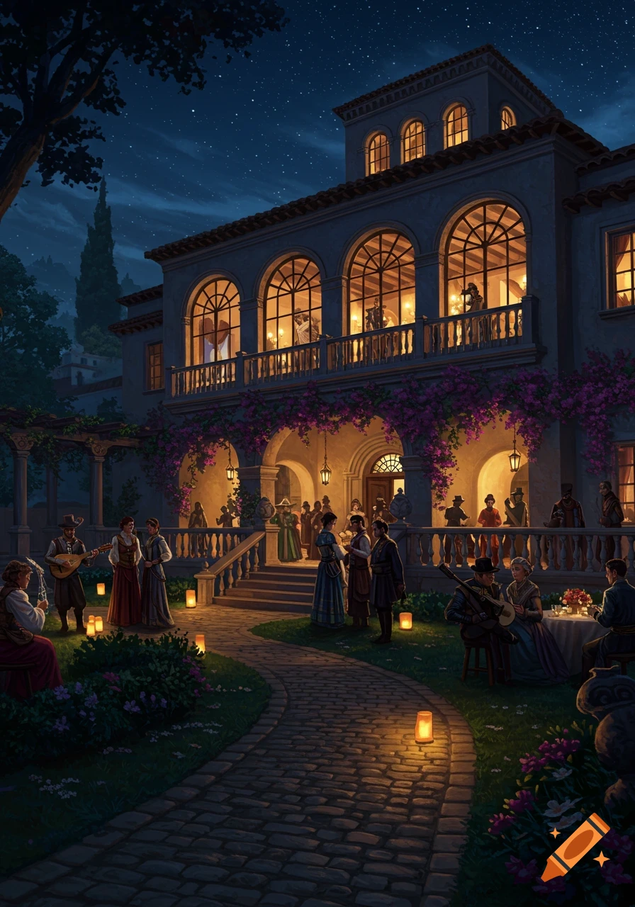 A grand Spanish Colonial-style villa hosts a lively night event with people dressed in historical attire and illuminated by lanterns under a starry sky.