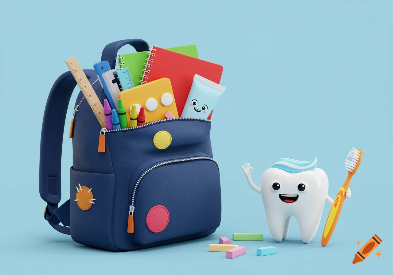 A 3D render of a blue backpack full of colorful school supplies next to a smiling cartoon tooth character holding a toothbrush, on a light blue background.
