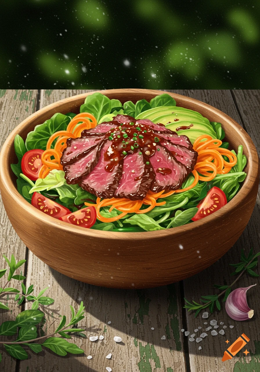 A close-up of a wooden bowl filled with a fresh salad topped with sliced beef, avocado, tomatoes, and shredded carrots, on a rustic wooden table.
