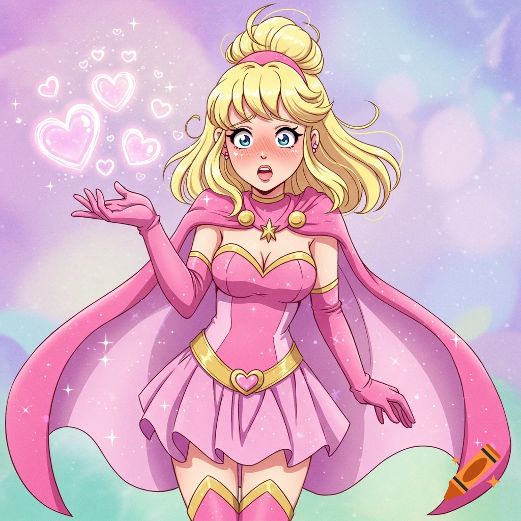 Blonde anime superheroine in pink creating glowing hearts with an embarrassed expression.