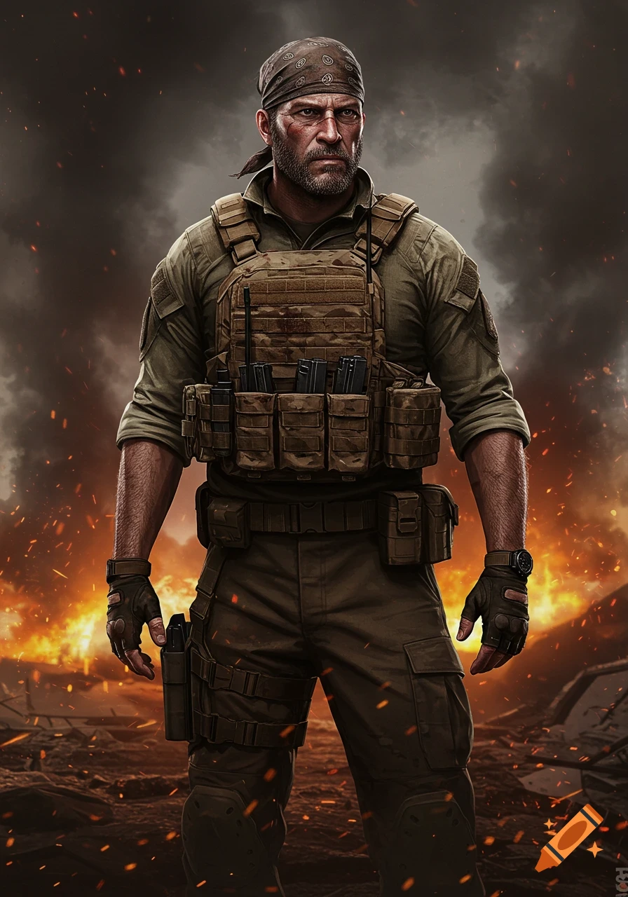 A grizzled soldier in tactical gear stands amidst a fiery, war-torn landscape, with explosions and debris in the background. Photorealistic style.