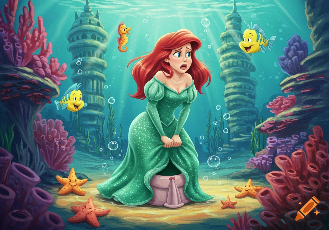 Cartoon Ariel in a green dress underwater, holding herself and looking uncomfortable, surrounded by Flounder, a seahorse, starfish, and coral.