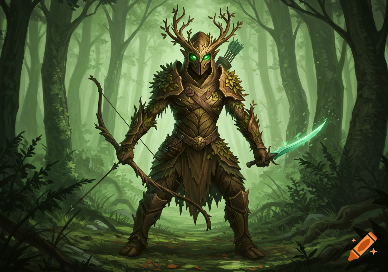 A mystical forest guardian in leaf armor with antlers, glowing green eyes, holding a bow and a glowing sword in a lush forest.