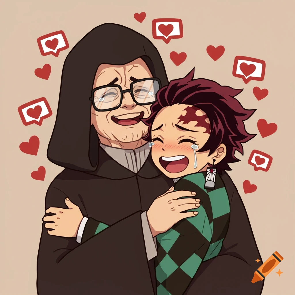 An older man resembling Emperor Palpatine wearing glasses hugs a younger boy resembling Tanjiro, both crying happy tears, surrounded by hearts. Anime style.