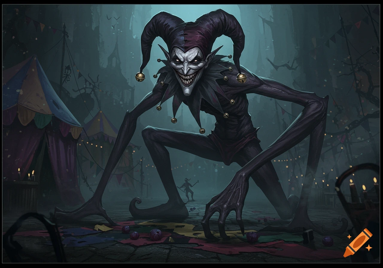 A terrifying, slender, dark jester monster with glowing eyes and sharp teeth looms in a misty, abandoned carnival.