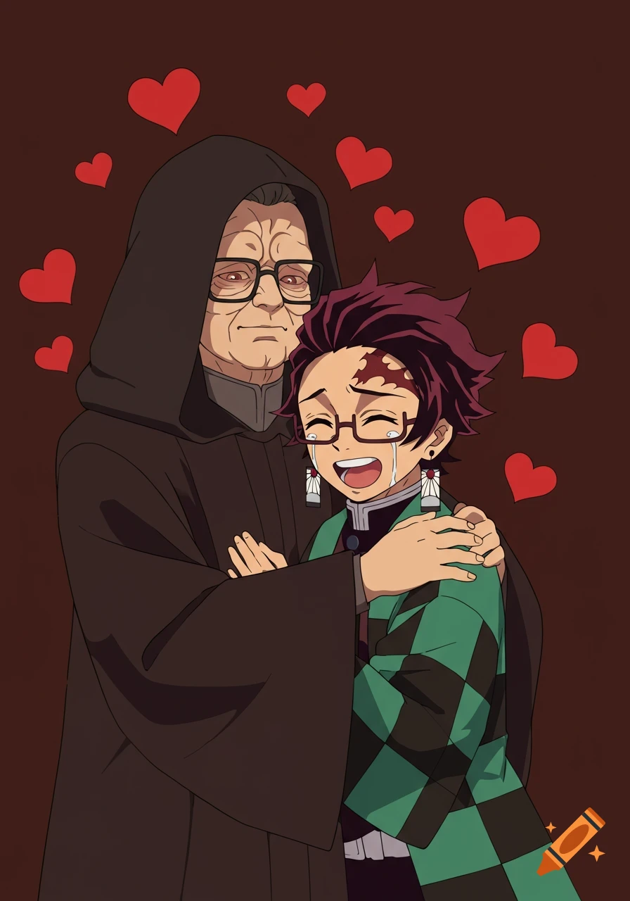 Emperor Palpatine in glasses and Tanjiro Kamado hugging and crying happy tears, surrounded by red hearts in an anime style.