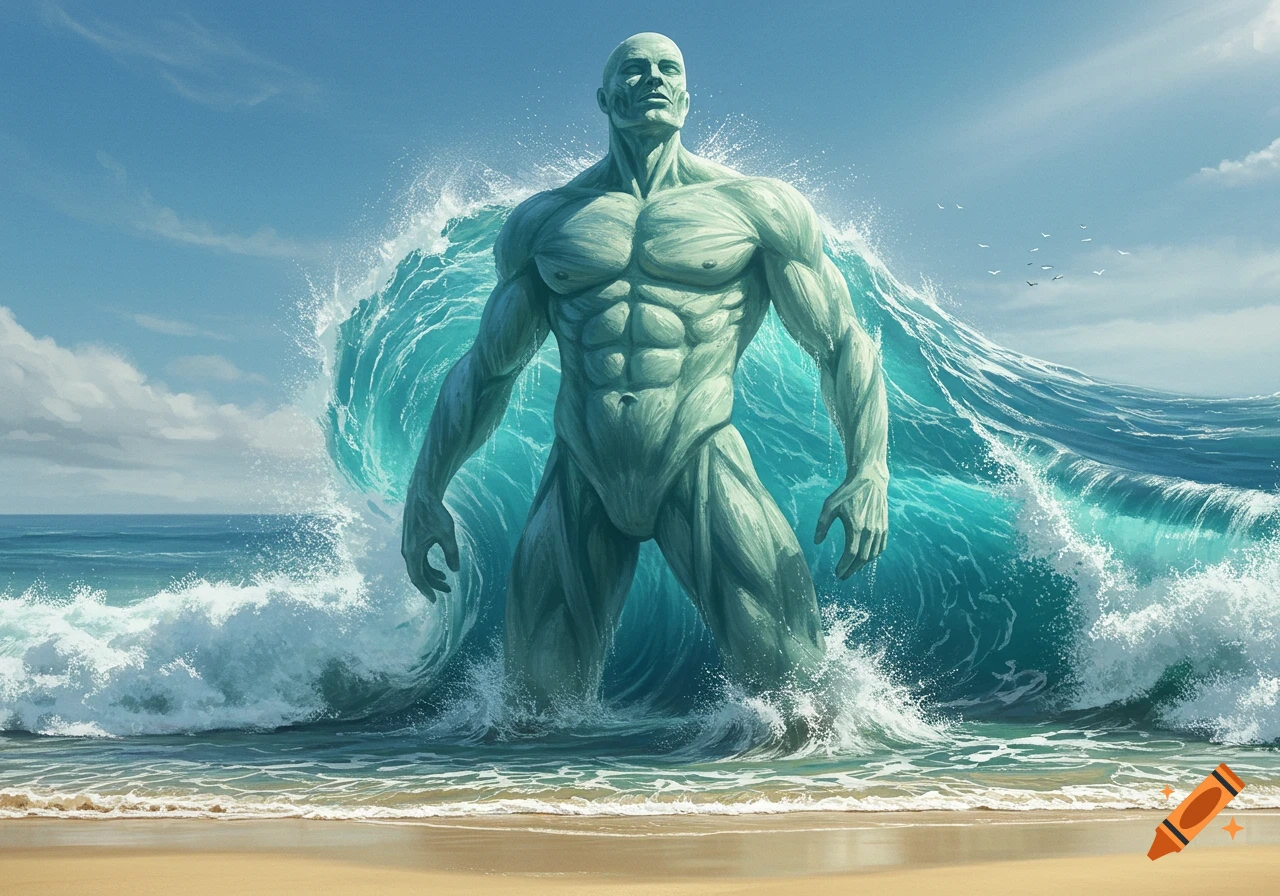 A colossal muscular man made of blue ocean water stands on a sandy beach as large waves crash around him.