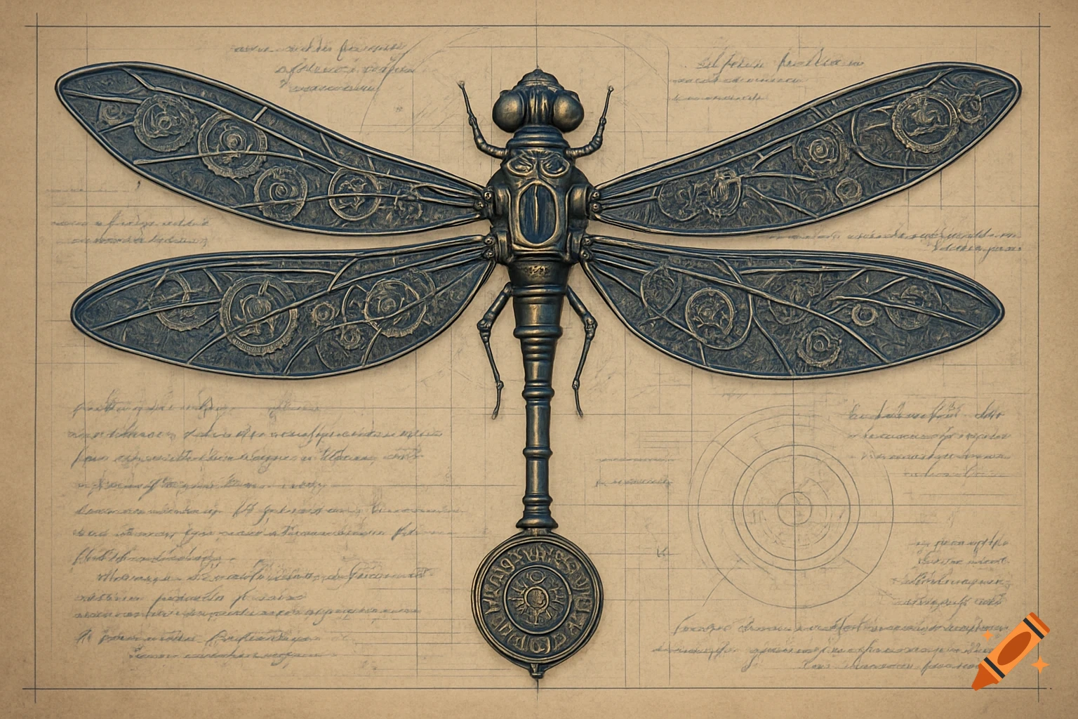 A detailed steampunk dragonfly ornithopter on an old blueprint with faded technical drawings and illegible script.