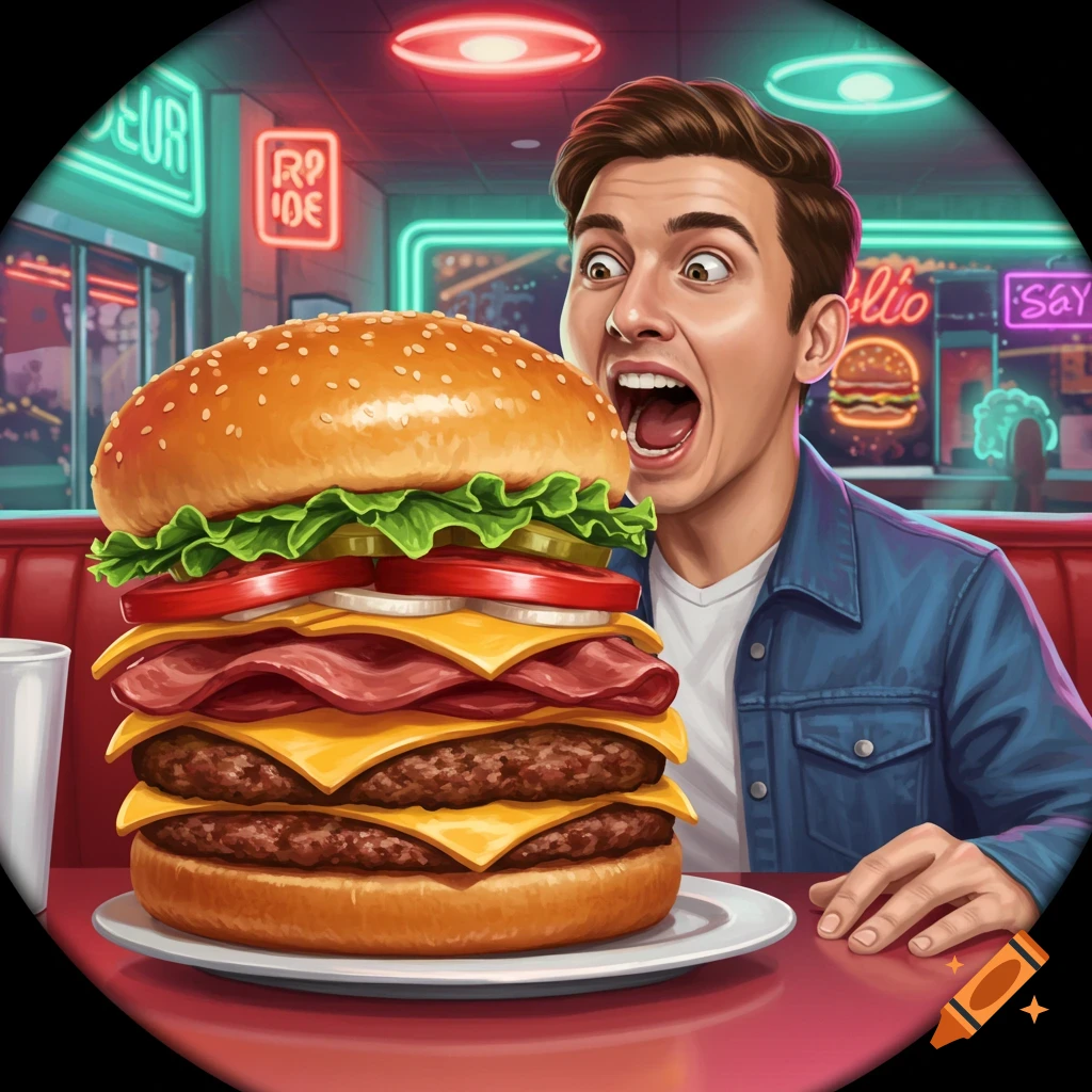 A man with a shocked expression faces an enormous, multi-patty burger in a retro diner setting.