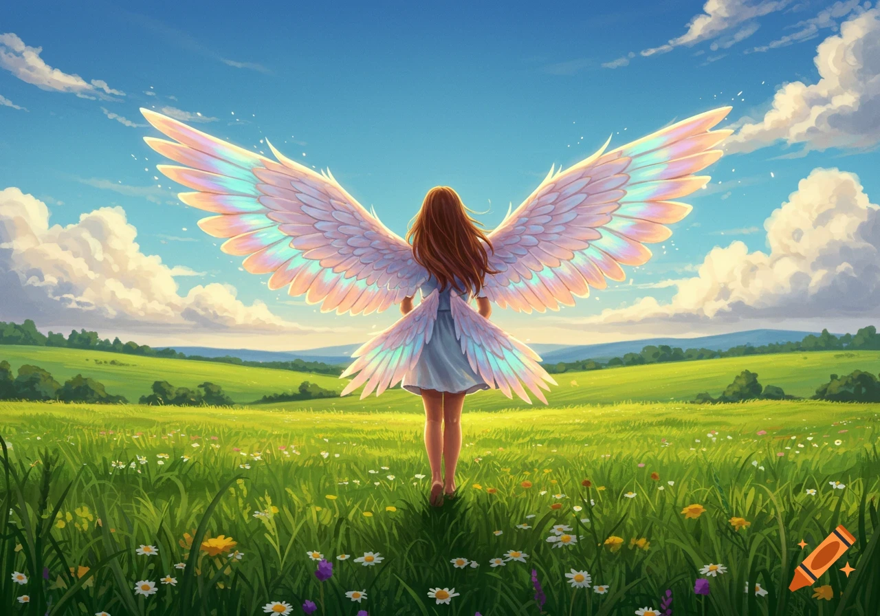 A girl with large, iridescent wings stands in a green meadow filled with flowers, facing away from the viewer towards a bright blue sky.