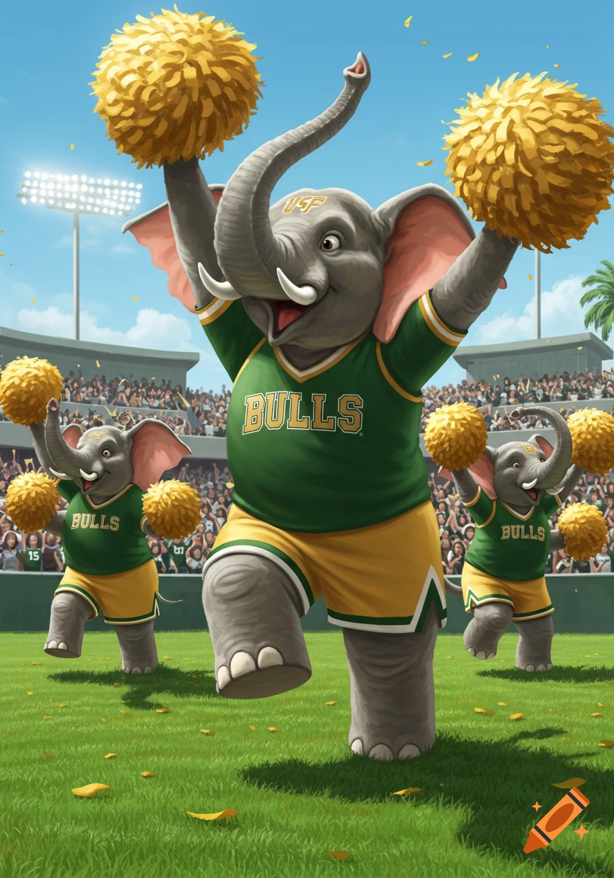 Cartoon elephants cheerleading in a stadium, wearing green and yellow uniforms with 'BULLS' text, holding pom-poms.