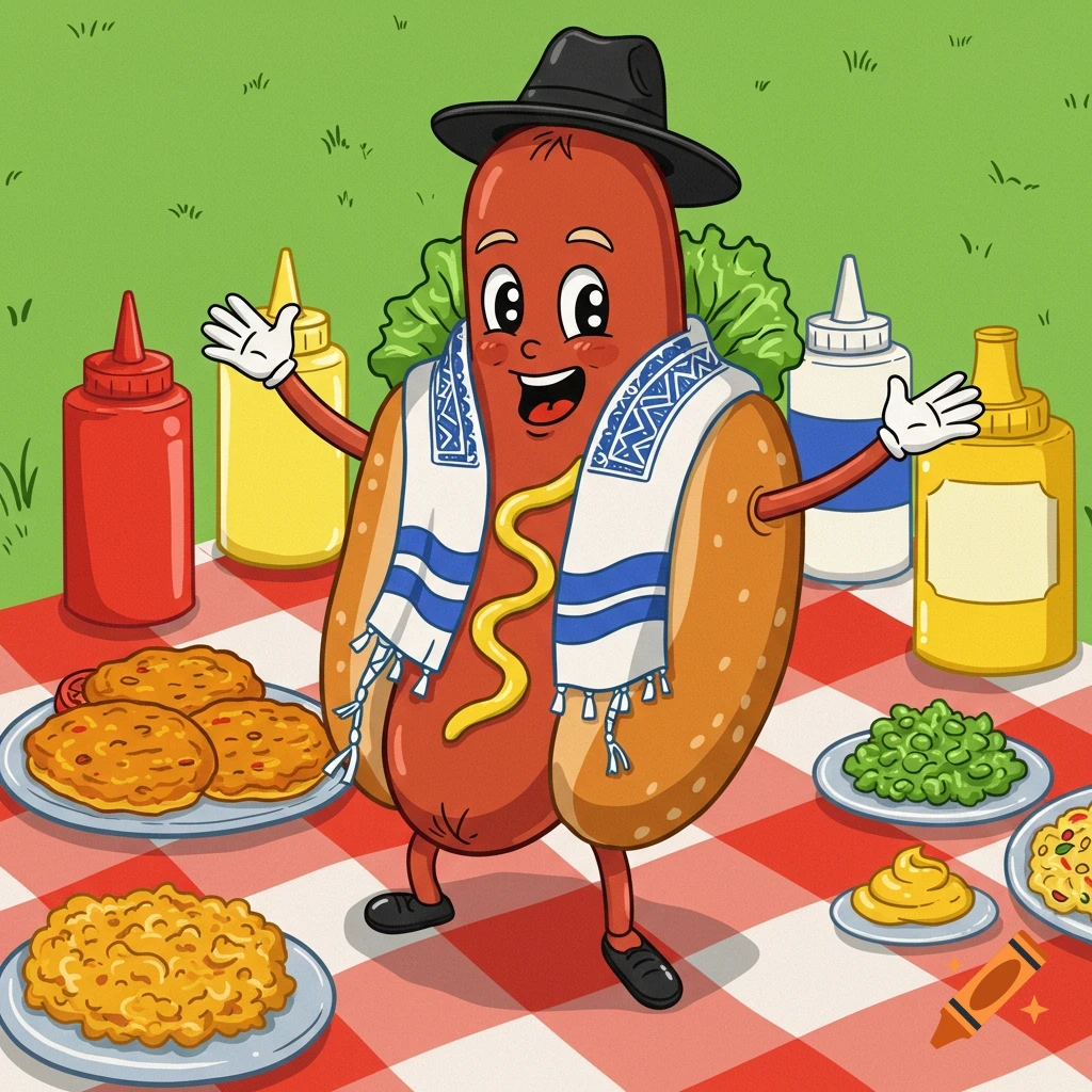 A smiling cartoon hotdog wearing a black hat and a blue and white striped scarf, with mustard on its bun, stands on a red and white checkered picnic blanket surrounded by condiments and plates of food like latkes and peas.