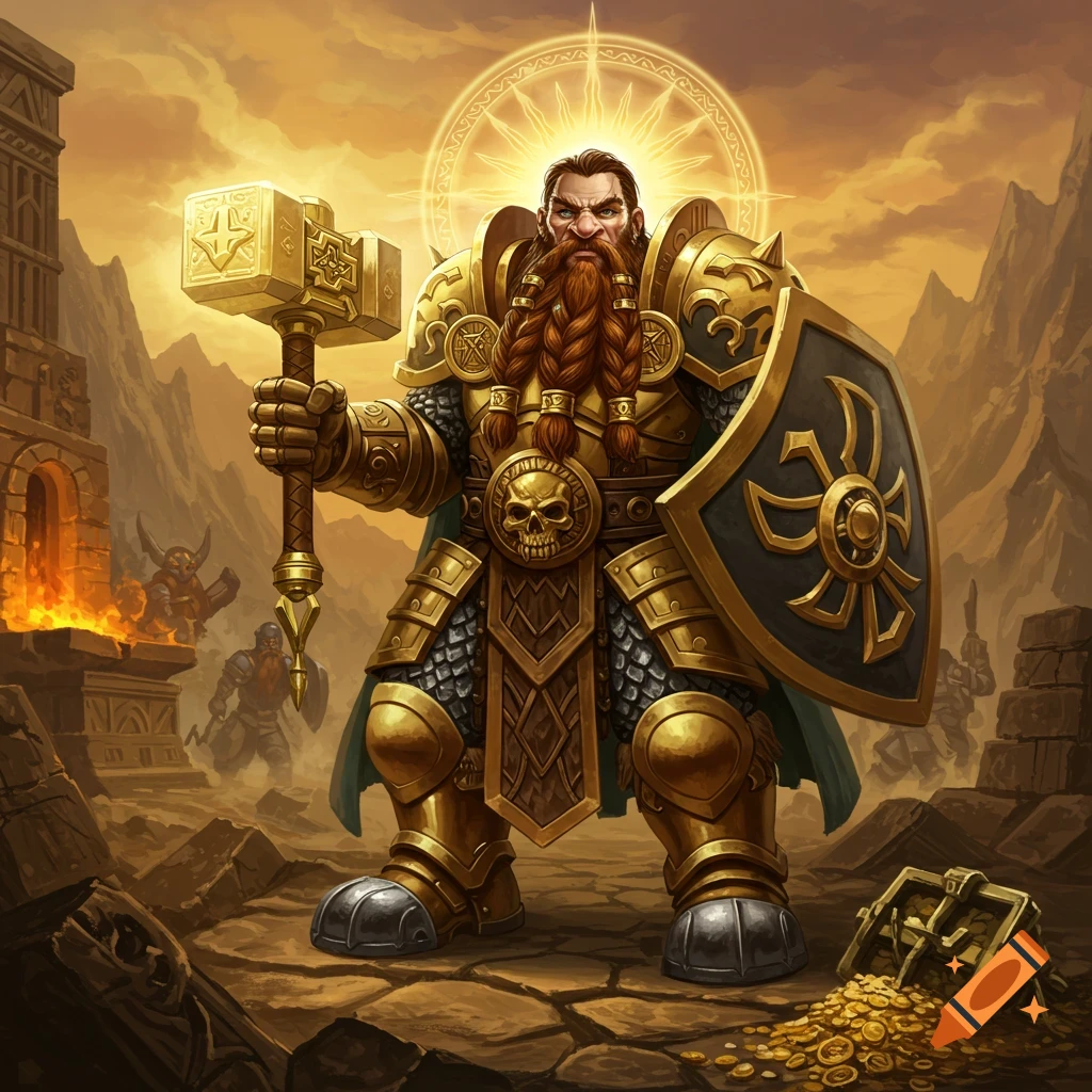 A mighty dwarf paladin in golden armor holds a glowing hammer and shield amidst ancient ruins and scattered gold, in a heroic fantasy art style.