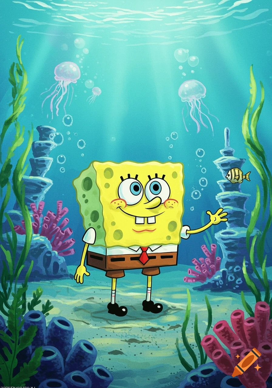 Spongebob SquarePants stands on the ocean floor surrounded by coral, seaweed, fish, and jellyfish, with sunlight filtering through the water.