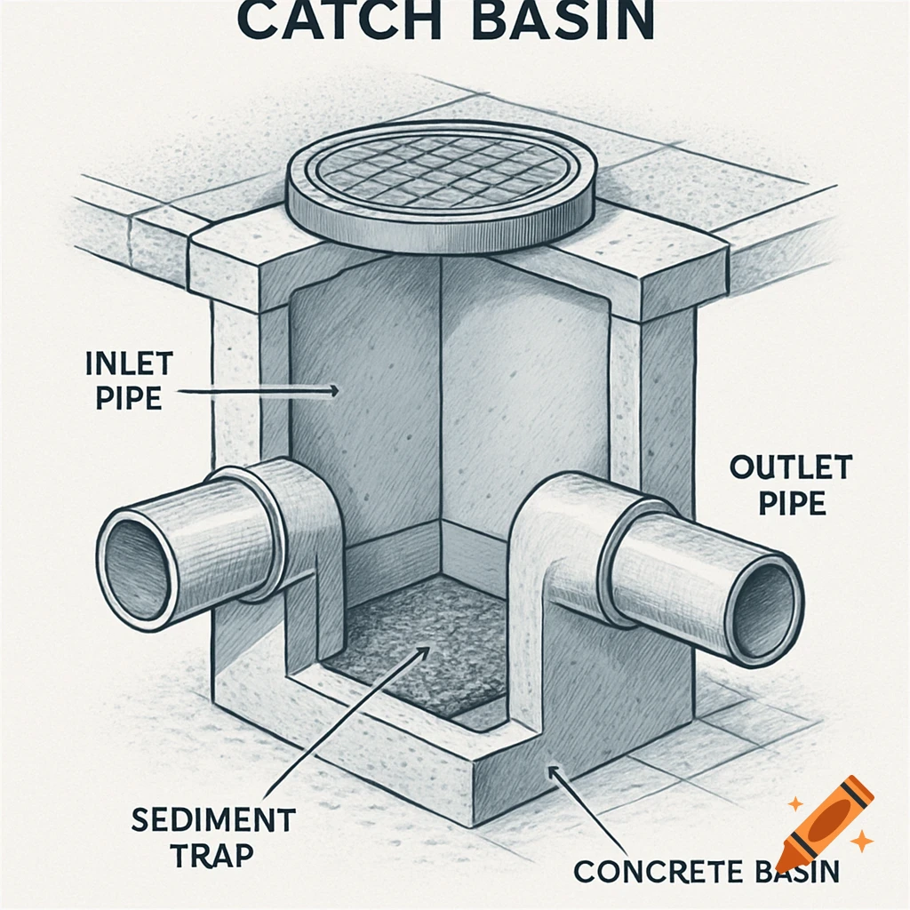 Diagram of a concrete catch basin with inlet and outlet pipes, sediment trap, and removable cover.