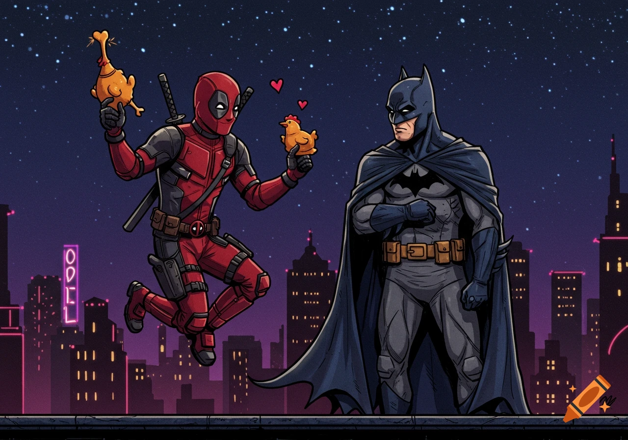 Cartoon of Deadpool floating, offering a rubber chicken to Batman on a city rooftop at night, while holding another chicken.