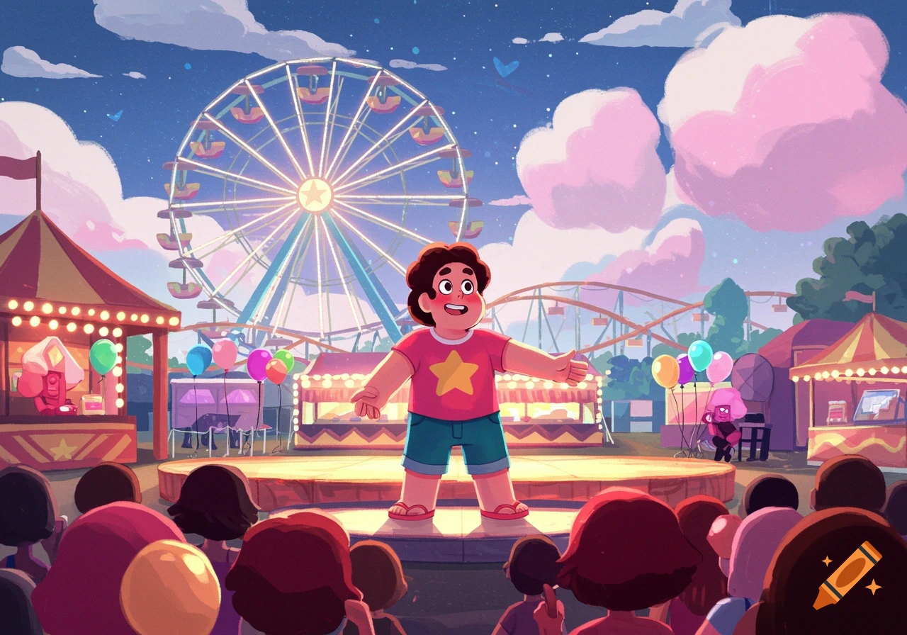 Steven Universe stands on a stage at an outdoor amusement park at dusk, with a Ferris wheel and carnival tents in the background, facing a crowd.
