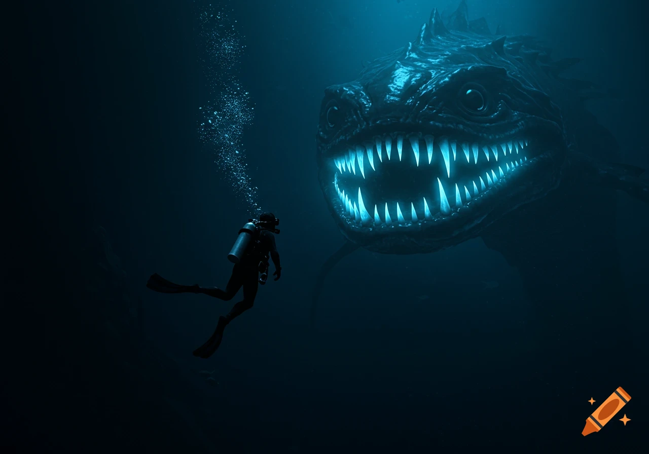 A lone scuba diver faces a massive, menacing bioluminescent sea monster in the dark deep ocean, in a hyper-realistic style.