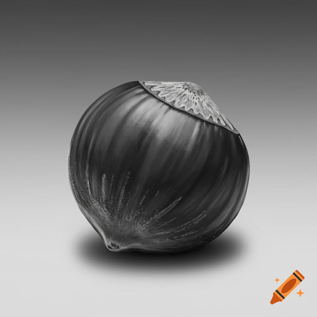 A realistic black and white drawing of a single hazelnut on a gradient background.