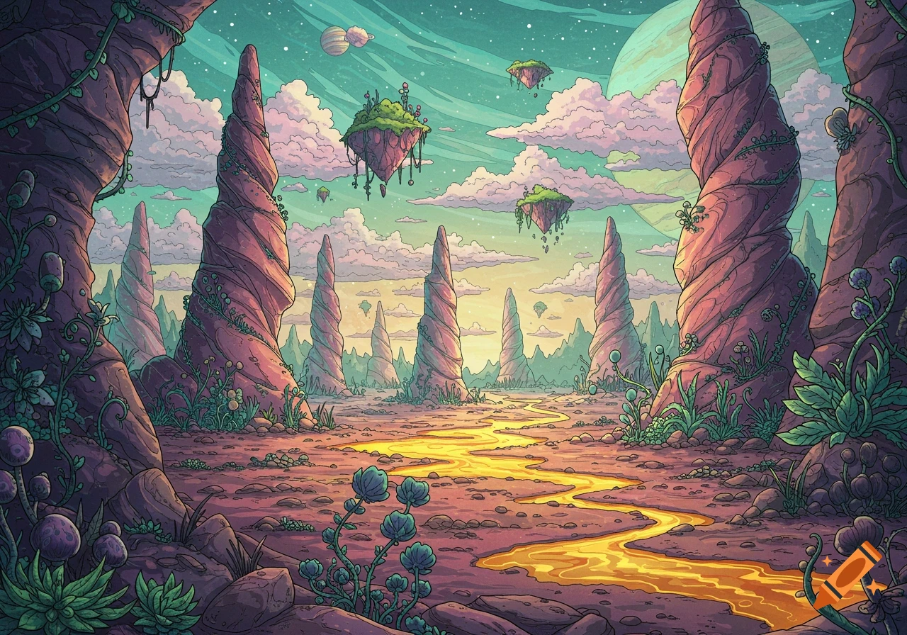 Vibrant cartoon alien landscape with spiral rock formations, floating islands, a glowing river, and a colorful sky with a distant planet.